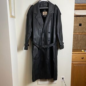 Phase 2 Vintage Black Leather Long Insulated Trench Coat Size L